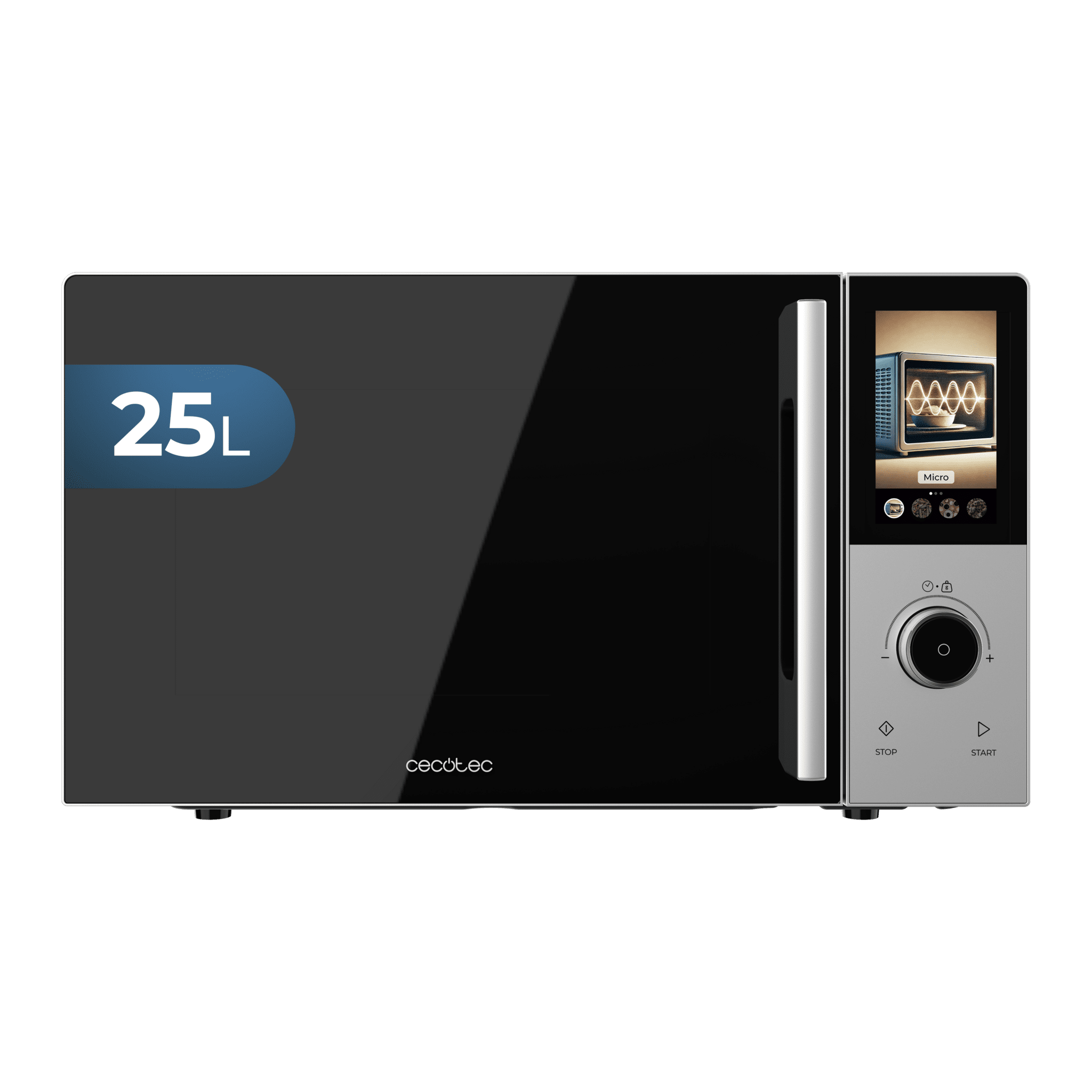 Convection 2500 Touch 25L 900 W digitale Mikrowelle mit Touch-Symbolen und Drehknopf.