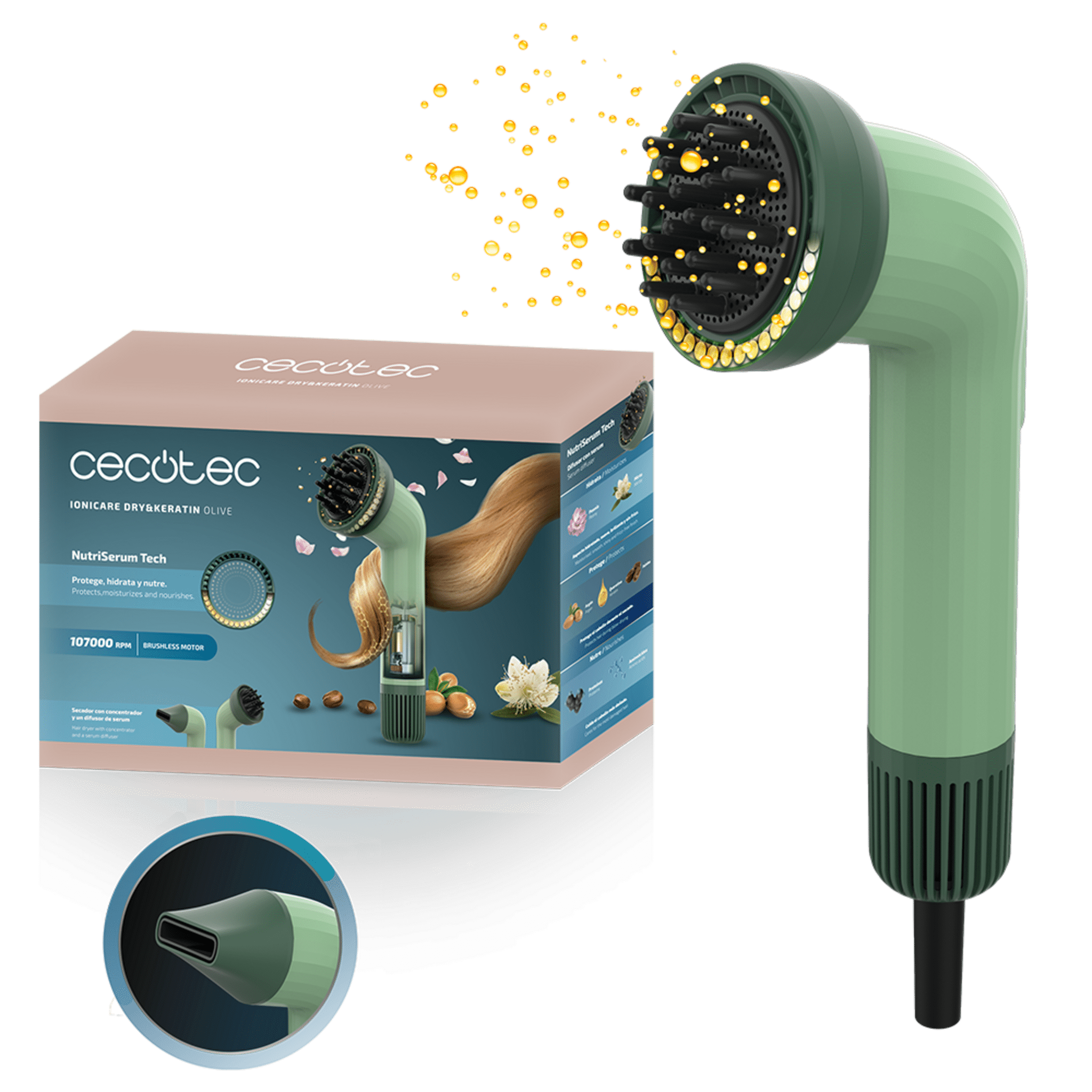 IoniCare Dry&Keratin Olive Secador de pelo brushless con la tecnología NutriSerum, 107000 rpm, 1200W y función iónica