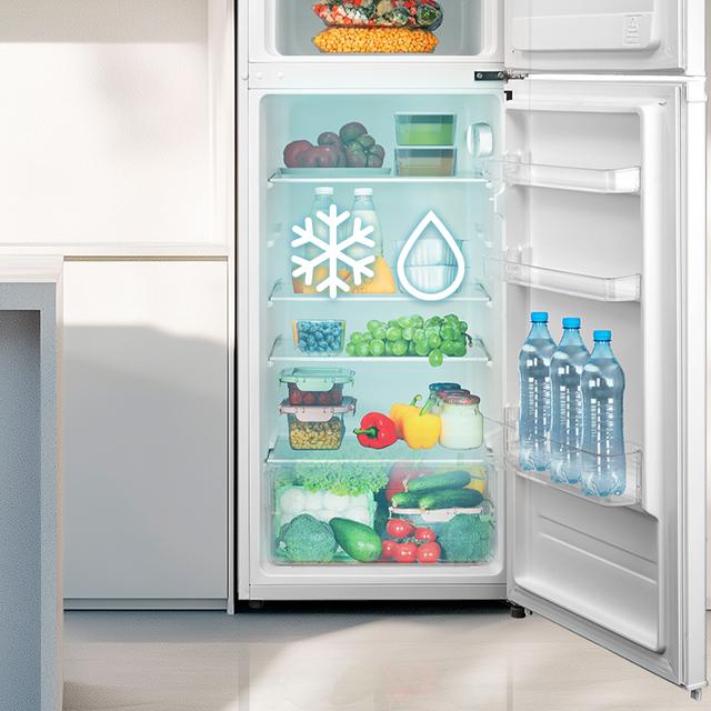 Bolero CoolMarket 2D 204 White E Frigorífico 2 puertas blanco, Control Mecánico, Gran Capacidad 204L (163L Frigorífico + 41L Congelador), Medidas Reducidas 143x55x55 cm, Iluminación LED, Compresor Inverter Plus, Tecnología Cíclica, Silencioso, Tirador Integrado, Puerta Reversible