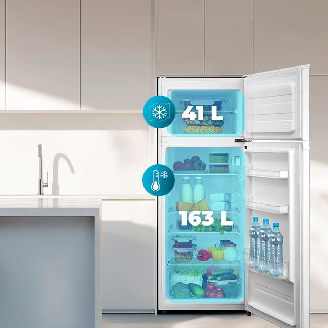 Bolero CoolMarket 2D 204 White E Frigorífico 2 puertas blanco, Control Mecánico, Gran Capacidad 204L (163L Frigorífico + 41L Congelador), Medidas Reducidas 143x55x55 cm, Iluminación LED, Compresor Inverter Plus, Tecnología Cíclica, Silencioso, Tirador Integrado, Puerta Reversible