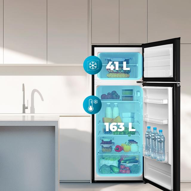 Bolero CoolMarket 2D 204 Black E Frigorífico 2 puertas negro, control mecánico, Gran Capacidad 204L (163L Frigorífico + 41L Congelador), Medidas Reducidas 143x55x55 cm, Iluminación LED, Compresor Inverter Plus, Tecnología Cíclica, Silencioso, Tirador Integrado, Puerta Reversible