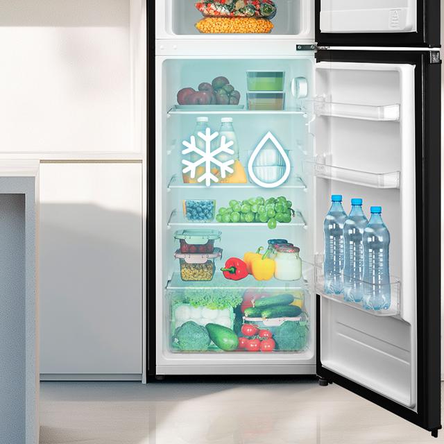 Bolero CoolMarket 2D 204 Black E Frigorífico 2 puertas negro, control mecánico, Gran Capacidad 204L (163L Frigorífico + 41L Congelador), Medidas Reducidas 143x55x55 cm, Iluminación LED, Compresor Inverter Plus, Tecnología Cíclica, Silencioso, Tirador Integrado, Puerta Reversible