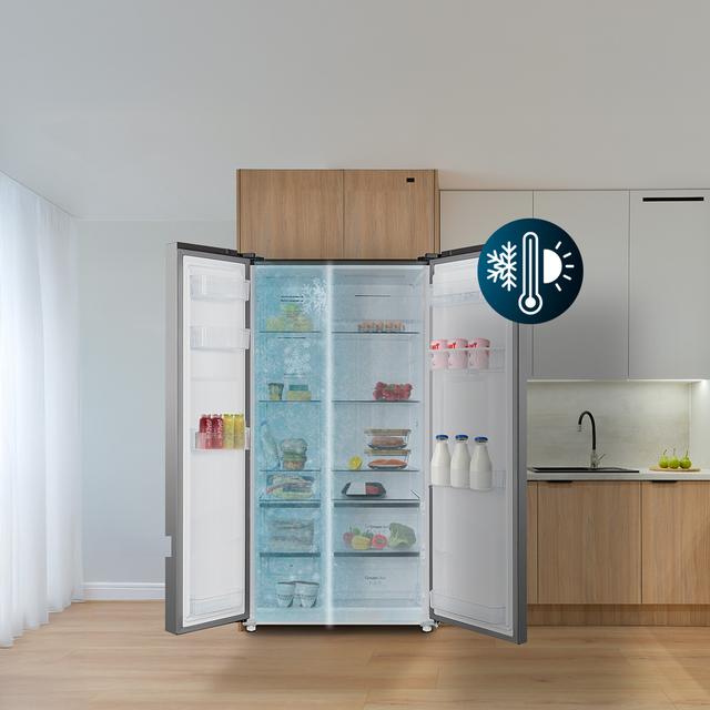 Bolero CoolMarket SBS 559 Inox C Frigorífico americano con 559 litros de capacidad, 177x91 cm, Clase C, NoFrost, Compresor Inverter, Dispensador de Agua con depósito, Display en puerta, Fast Freezing, Modo Smart, MultiAirFlow