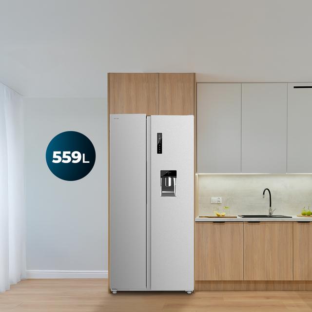 Bolero CoolMarket SBS 559 Inox C Frigorífico americano con 559 litros de capacidad, 177x91 cm, Clase C, NoFrost, Compresor Inverter, Dispensador de Agua con depósito, Display en puerta, Fast Freezing, Modo Smart, MultiAirFlow