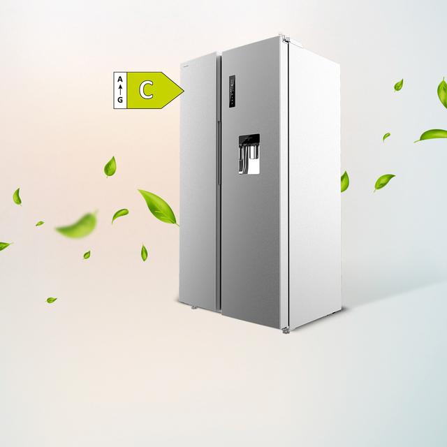 Bolero CoolMarket SBS 559 Inox C Frigorífico americano con 559 litros de capacidad, 177x91 cm, Clase C, NoFrost, Compresor Inverter, Dispensador de Agua con depósito, Display en puerta, Fast Freezing, Modo Smart, MultiAirFlow