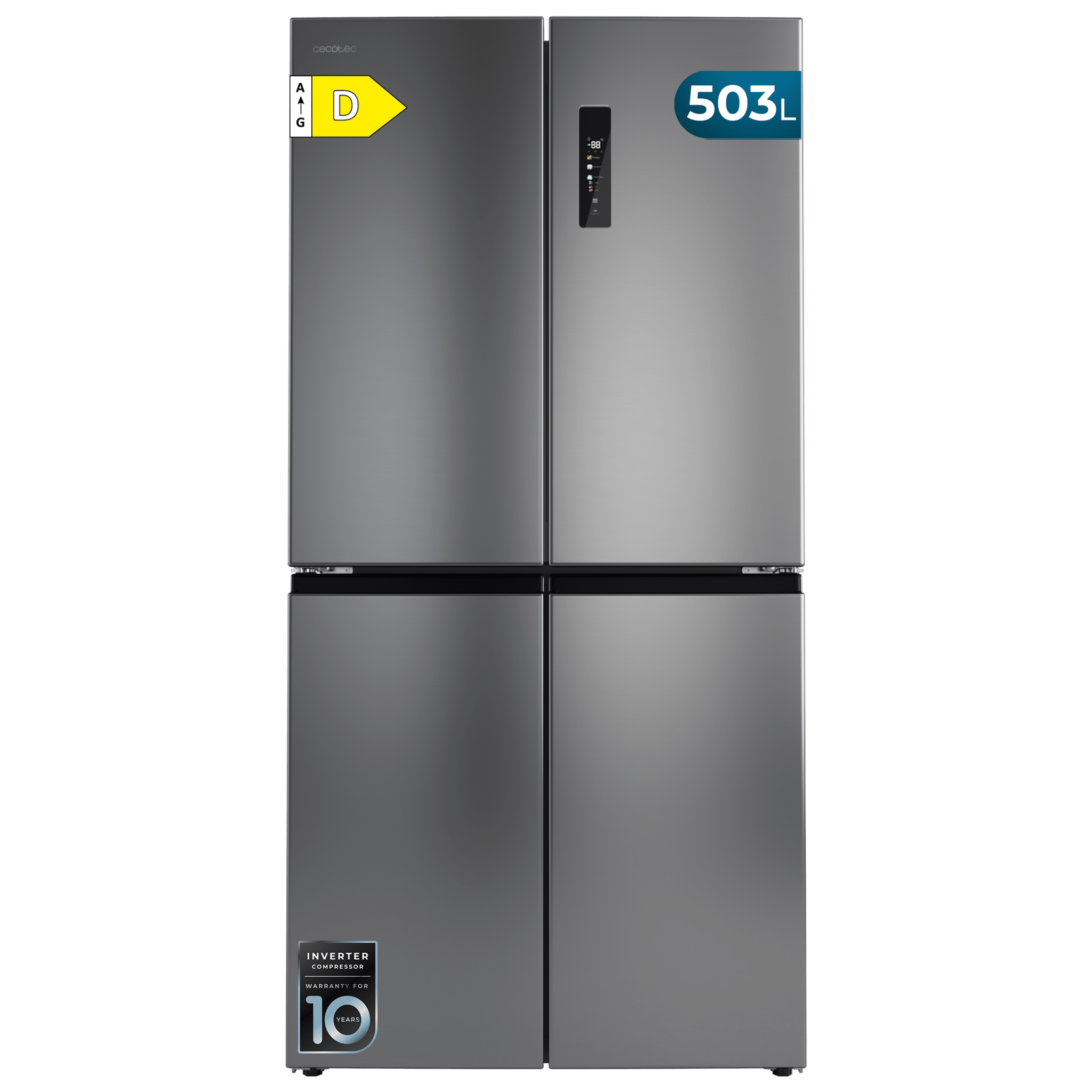 Bolero CoolMarket 4D 503 Inox D Frigorífico 4 Puertas Inox, 503 Litros, 177.5x85.3x69.8cm, Clase D, Compresor Inverter, Interior Gris, MetalFlexCooling, Cajón Temperatura Variable 0ºC a 7ºC, Cajón Regulación Humedad, Display a Color, NoFrost, MultiAirFlow, FastCooling, FastFreezing, Alarma, Modo ECO, Luz LED