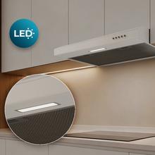 Bolero Flux CM 602100 White A Konventionelle Dunstabzugshaube, 60 cm breit, Oberfläche weiß lackiert, BLDC-Motor, Energieeffizienzklasse A, 228 m³/h, LED-Beleuchtung und Aluminiumfilter.
