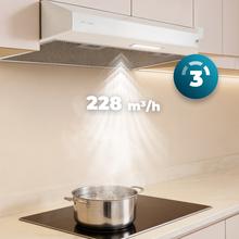 Bolero Flux CM 602100 White A Konventionelle Dunstabzugshaube, 60 cm breit, Oberfläche weiß lackiert, BLDC-Motor, Energieeffizienzklasse A, 228 m³/h, LED-Beleuchtung und Aluminiumfilter.