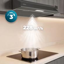 Bolero Flux CM 602100 Black A Konventionelle Dunstabzugshaube, 60 cm breit, schwarz lackiert, DC-Motor, Energieeffizienzklasse A, 210 m³/h, LED-Licht und Aluminiumfilter.