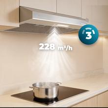 Bolero Flux CM 602100 Inox A Hotte aspirante conventionnelle, de 60 cm de largeur, finition en acier inoxydable, moteur DC, classe d'efficacité énergétique A, 210 m³/h de puissance d’aspiration, éclairage LED et filtre en aluminium.