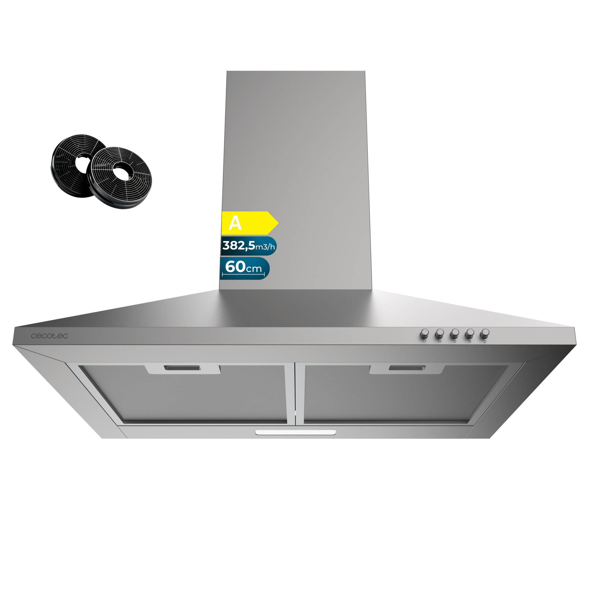 Bolero Flux PM 604000 Inox A Cappa aspirante piramidale, larghezza 60 cm, finitura in acciaio inox, motore DC, classe di efficienza energetica A, 382,5 m³/h, luce LED e filtri a carbone in dotazione