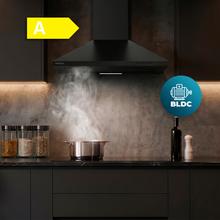 Bolero Flux PM 604000 Black ACappa aspirante piramidale, larghezza 60 cm, finitura verniciata nera, motore DC, classe di efficienza energetica A, 382,5 m³/h, luce LED e filtri a carbone inclusi