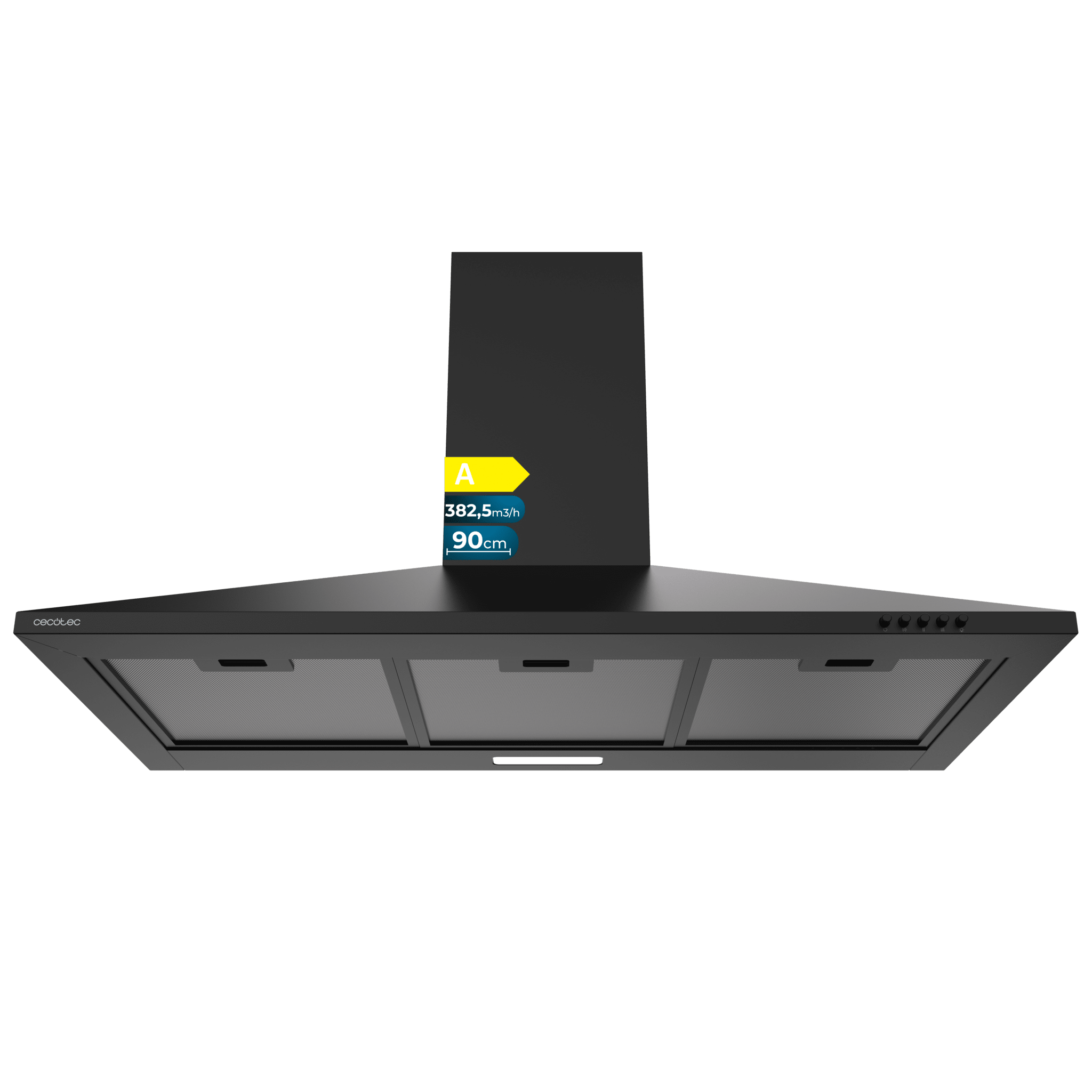 Bolero Flux PM 904000 Black A Hotte aspirante pyramidale, largeur 90 cm, finition laquée noire, moteur CC, classe énergétique A, débit d'air de 382,5 m³/h, éclairage LED et filtres à charbon inclus.