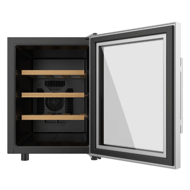Bolero GrandSommelier 1255 CoolWood Vinoteca Termoeléctrica Pequeña, Capacidad 12 Botellas, Silenciosa 35dB, Temperatura 8 a 18ºC, Humedad 50%-80%, Estantes de Madera, Control Táctil, Clase E, Luz LED, Acero Inox