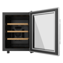 Bolero GrandSommelier 1255 CoolWood Vinoteca Termoeléctrica Pequeña, Capacidad 12 Botellas, Silenciosa 35dB, Temperatura 8 a 18ºC, Humedad 50%-80%, Estantes de Madera, Control Táctil, Clase E, Luz LED, Acero Inox