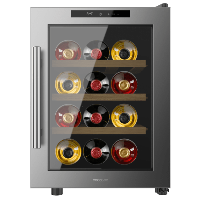 Bolero GrandSommelier 1255 CoolWood Vinoteca Termoeléctrica Pequeña, Capacidad 12 Botellas, Silenciosa 35dB, Temperatura 8 a 18ºC, Humedad 50%-80%, Estantes de Madera, Control Táctil, Clase E, Luz LED, Acero Inox