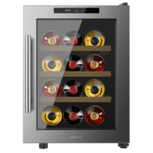Bolero GrandSommelier 1255 CoolWood Vinoteca Termoeléctrica Pequeña, Capacidad 12 Botellas, Silenciosa 35dB, Temperatura 8 a 18ºC, Humedad 50%-80%, Estantes de Madera, Control Táctil, Clase E, Luz LED, Acero Inox