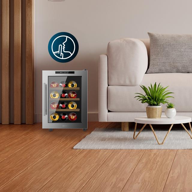 Bolero GrandSommelier 1255 CoolWood Vinoteca Termoeléctrica Pequeña, Capacidad 12 Botellas, Silenciosa 35dB, Temperatura 8 a 18ºC, Humedad 50%-80%, Estantes de Madera, Control Táctil, Clase E, Luz LED, Acero Inox