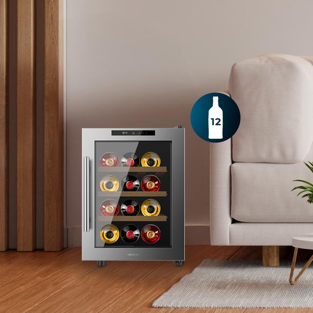 Bolero GrandSommelier 1255 CoolWood Vinoteca Termoeléctrica Pequeña, Capacidad 12 Botellas, Silenciosa 35dB, Temperatura 8 a 18ºC, Humedad 50%-80%, Estantes de Madera, Control Táctil, Clase E, Luz LED, Acero Inox