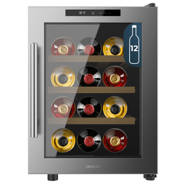 Bolero GrandSommelier 1255 CoolWood Vinoteca Termoeléctrica Pequeña, Capacidad 12 Botellas, Silenciosa 35dB, Temperatura 8 a 18ºC, Humedad 50%-80%, Estantes de Madera, Control Táctil, Clase E, Luz LED, Acero Inox