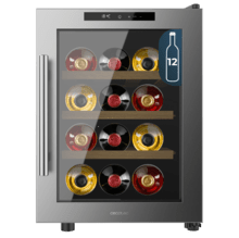 Bolero GrandSommelier 1255 CoolWood Vinoteca Termoeléctrica Pequeña, Capacidad 12 Botellas, Silenciosa 35dB, Temperatura 8 a 18ºC, Humedad 50%-80%, Estantes de Madera, Control Táctil, Clase E, Luz LED, Acero Inox