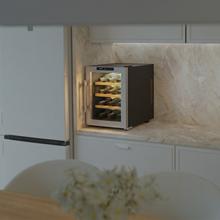 Bolero GrandSommelier 1255 CoolWood Vinoteca Termoeléctrica Pequeña, Capacidad 12 Botellas, Silenciosa 35dB, Temperatura 8 a 18ºC, Humedad 50%-80%, Estantes de Madera, Control Táctil, Clase E, Luz LED, Acero Inox