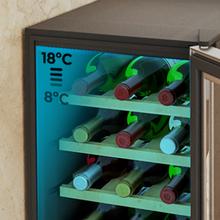 Bolero GrandSommelier 1255 CoolWood Vinoteca Termoeléctrica Pequeña, Capacidad 12 Botellas, Silenciosa 35dB, Temperatura 8 a 18ºC, Humedad 50%-80%, Estantes de Madera, Control Táctil, Clase E, Luz LED, Acero Inox