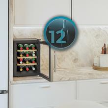 Bolero GrandSommelier 1255 CoolWood Vinoteca Termoeléctrica Pequeña, Capacidad 12 Botellas, Silenciosa 35dB, Temperatura 8 a 18ºC, Humedad 50%-80%, Estantes de Madera, Control Táctil, Clase E, Luz LED, Acero Inox