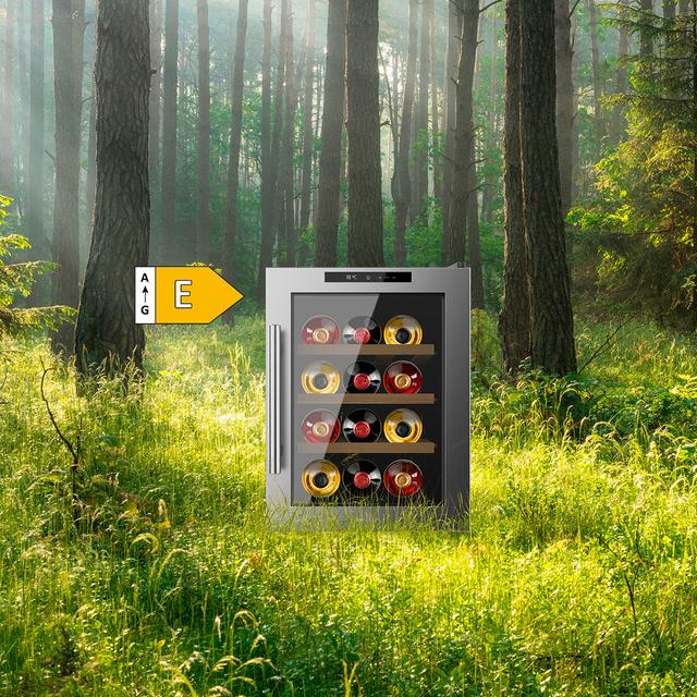 Bolero GrandSommelier 1255 CoolWood Vinoteca Termoeléctrica Pequeña, Capacidad 12 Botellas, Silenciosa 35dB, Temperatura 8 a 18ºC, Humedad 50%-80%, Estantes de Madera, Control Táctil, Clase E, Luz LED, Acero Inox