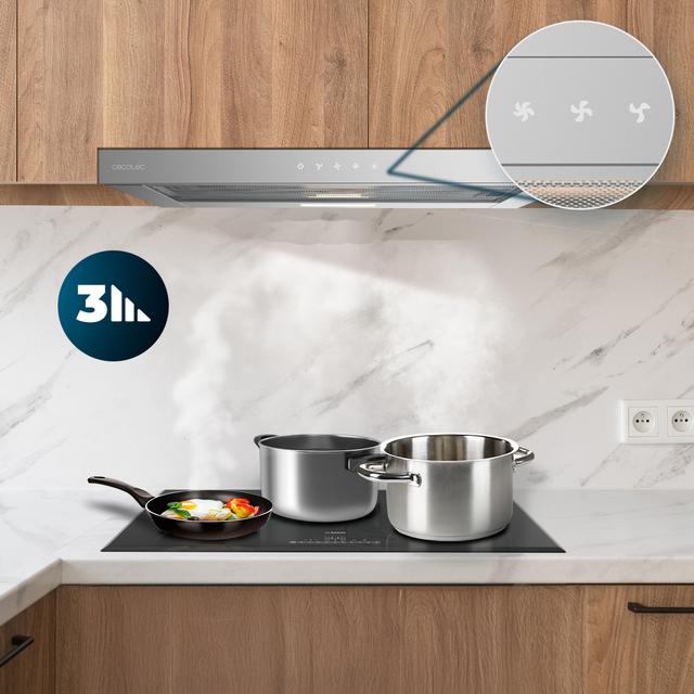 Bolero Flux TLT 604000 Inox A+++ Cecotec Campana extractora Telescópica de 60cm de ancho, con 415m3/h de succión, 3 velocidades, SS Touch Control, acabado inoxidable, Clase Energética A+++, Motor DC, Luz Led, Filtros de Aluminio y Filtros de Carbono incluidos.