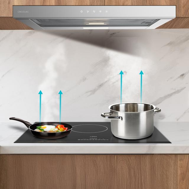 Bolero Flux TLT 604000 Inox A+++ Cecotec Campana extractora Telescópica de 60cm de ancho, con 415m3/h de succión, 3 velocidades, SS Touch Control, acabado inoxidable, Clase Energética A+++, Motor DC, Luz Led, Filtros de Aluminio y Filtros de Carbono incluidos.