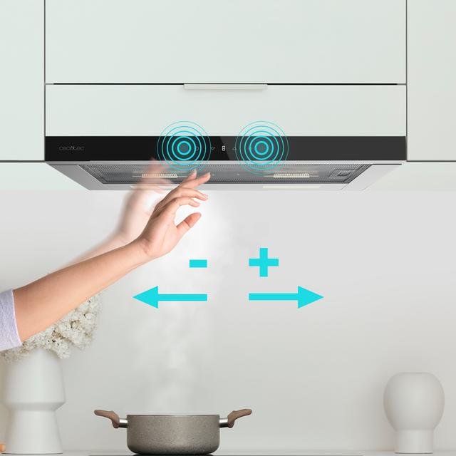 Bolero Flux TLT 604400 Glass Black A+++ Cecotec Campana Extractora Telescópica de 60cm, con 431,2m³/h de succión, Clase A+++, Control Táctil Invisible, Cristal Frontal en Negro, Cuerpo en Acero Inox, Motor DC,  Hand Movement Control, Función Booster, Filtros Lavables, Opción de filtros de carbono incluídos para recirculación.