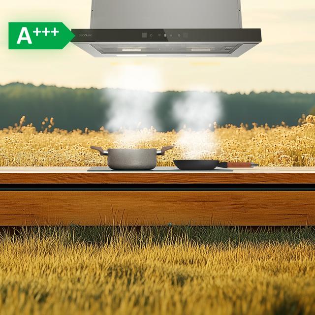 Bolero Flux TLT 604400 Glass Black A+++ Cecotec Campana Extractora Telescópica de 60cm, con 431,2m³/h de succión, Clase A+++, Control Táctil Invisible, Cristal Frontal en Negro, Cuerpo en Acero Inox, Motor DC,  Hand Movement Control, Función Booster, Filtros Lavables, Opción de filtros de carbono incluídos para recirculación.