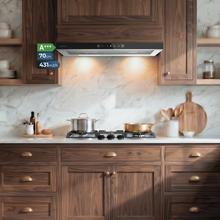Bolero Flux TLT 604400 Glass Black A+++ Hotte aspirante télescopique de 60cm, avec 431,2 m³/h de puissance d'aspiration, classe A+++, contrôle tactile invisible, verre avant noir, corps en acier inoxydable, moteur DC, Hand Movement Control, fonction Booster, filtres lavables, option de filtres à charbon incluse.