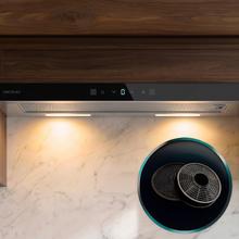Bolero Flux TLT 604400 Glass Black A+++ Hotte aspirante télescopique de 60cm, avec 431,2 m³/h de puissance d'aspiration, classe A+++, contrôle tactile invisible, verre avant noir, corps en acier inoxydable, moteur DC, Hand Movement Control, fonction Booster, filtres lavables, option de filtres à charbon incluse.