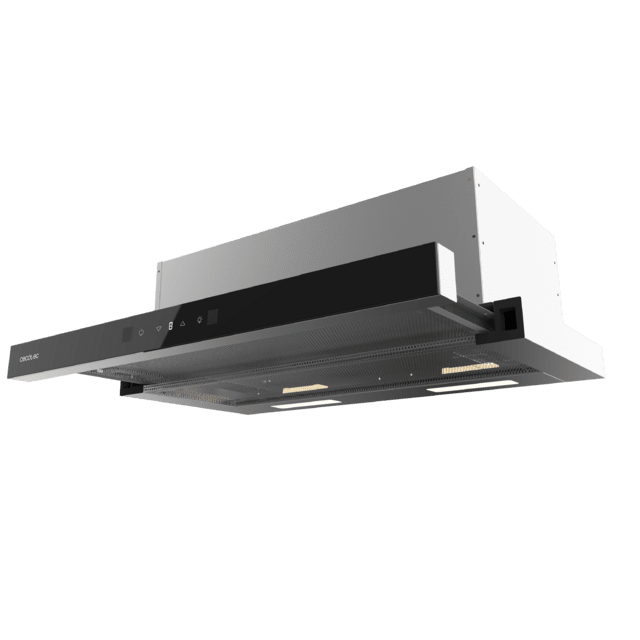 Bolero Flux TLT 604400 Glass Black A+++ Cecotec Campana Extractora Telescópica de 60cm, con 431,2m³/h de succión, Clase A+++, Control Táctil Invisible, Cristal Frontal en Negro, Cuerpo en Acero Inox, Motor DC,  Hand Movement Control, Función Booster, Filtros Lavables, Opción de filtros de carbono incluídos para recirculación.