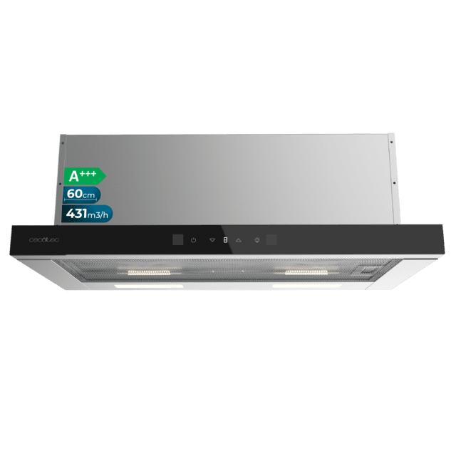 Bolero Flux TLT 604400 Glass Black A+++ Cecotec Campana Extractora Telescópica de 60cm, con 431,2m³/h de succión, Clase A+++, Control Táctil Invisible, Cristal Frontal en Negro, Cuerpo en Acero Inox, Motor DC,  Hand Movement Control, Función Booster, Filtros Lavables, Opción de filtros de carbono incluídos para recirculación.