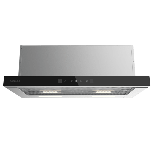 Bolero Flux TLT 604400 Glass Black A+++ Cecotec Campana Extractora Telescópica de 60cm, con 431,2m³/h de succión, Clase A+++, Control Táctil Invisible, Cristal Frontal en Negro, Cuerpo en Acero Inox, Motor DC,  Hand Movement Control, Función Booster, Filtros Lavables, Opción de filtros de carbono incluídos para recirculación.