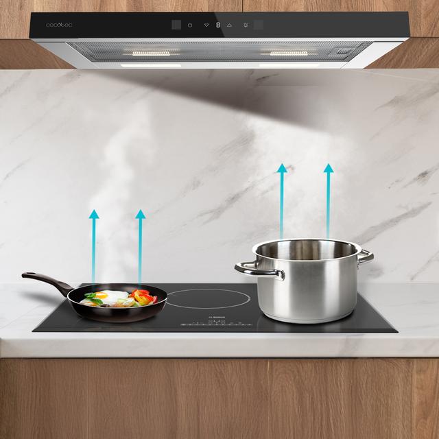 Bolero Flux TLT 604400 Glass Black A+++ Cecotec Campana Extractora Telescópica de 60cm, con 431,2m³/h de succión, Clase A+++, Control Táctil Invisible, Cristal Frontal en Negro, Cuerpo en Acero Inox, Motor DC,  Hand Movement Control, Función Booster, Filtros Lavables, Opción de filtros de carbono incluídos para recirculación.