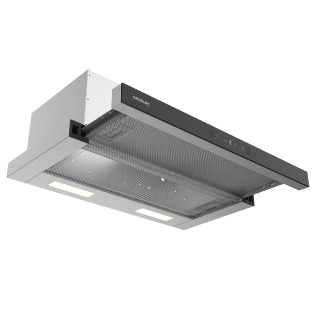 Bolero Flux TLT 604400 Glass Black A+++ Cecotec Campana Extractora Telescópica de 60cm, con 431,2m³/h de succión, Clase A+++, Control Táctil Invisible, Cristal Frontal en Negro, Cuerpo en Acero Inox, Motor DC,  Hand Movement Control, Función Booster, Filtros Lavables, Opción de filtros de carbono incluídos para recirculación.