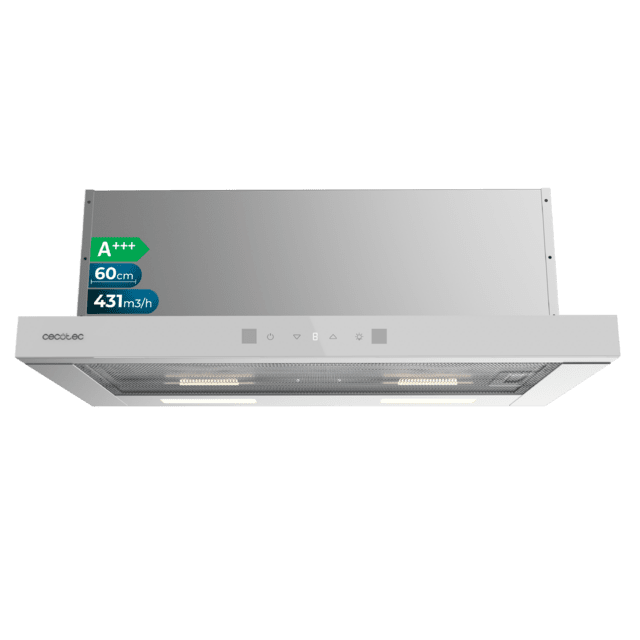 Bolero Flux TLT 604400 Glass White A+++ Cecotec Campana Extractora Telescópica de 60cm, con 431,2m³/h de succión, Clase A+++, Control Táctil Invisible, Cristal Frontal en Blanco, Cuerpo en Acero Inox, Motor DC,  Hand Movement Control, Función Booster, Filtros Lavables, Opción de filtros de carbono incluídos para recirculación.