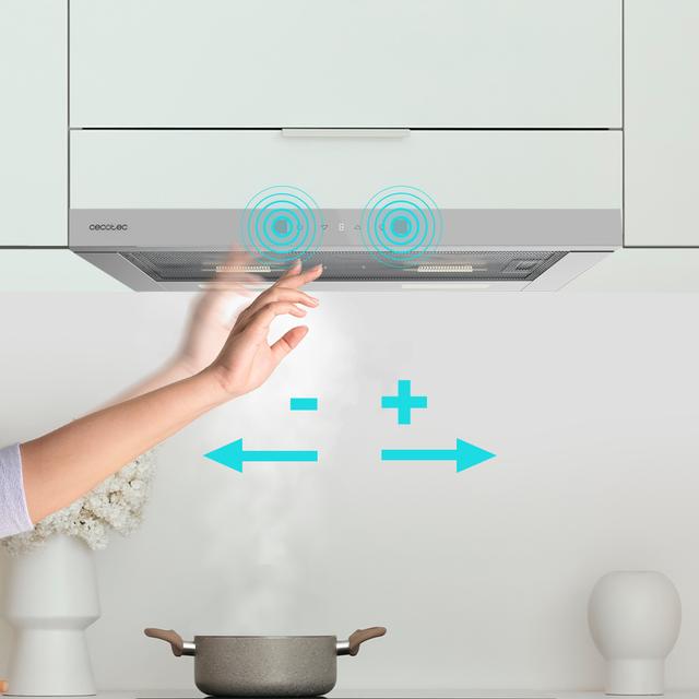 Bolero Flux TLT 604400 Glass White A+++ Cecotec Campana Extractora Telescópica de 60cm, con 431,2m³/h de succión, Clase A+++, Control Táctil Invisible, Cristal Frontal en Blanco, Cuerpo en Acero Inox, Motor DC,  Hand Movement Control, Función Booster, Filtros Lavables, Opción de filtros de carbono incluídos para recirculación.