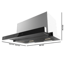 Bolero Flux TLT 605501 Glass Black A++ Teleskop-Dunstabzugshaube, 60 cm, mit 606,4 m³/h Saugleistung, Klasse A++, unsichtbarer Touch-Steuerung, schwarze Glasfront, Gehäuse aus Edelstahl, DC-Motor, Hand Movement Control, Booster-Funktion, waschbare Filter und Option mit enthaltenen Kohlefiltern für den Umluftbetrieb.