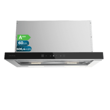 Bolero Flux TLT 605501 Glass Black A++ Campana Extractora Telescópica de 60cm, con 606,4m³/h de succión, Clase A++, Control Táctil Invisible, Cristal Frontal en Negro, Cuerpo en Acero Inox, Motor DC,  Hand Movement Control, Función Booster, Filtros Lavables, Opción de filtros de carbono incluídos para recirculación.
