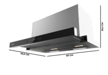 Bolero Flux TLT 605501 Glass Black A++ Campana Extractora Telescópica de 60cm, con 606,4m³/h de succión, Clase A++, Control Táctil Invisible, Cristal Frontal en Negro, Cuerpo en Acero Inox, Motor DC,  Hand Movement Control, Función Booster, Filtros Lavables, Opción de filtros de carbono incluídos para recirculación.