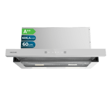 Bolero Flux TLT 605501 Glass White A++ Cecotec Campana Extractora Telescópica de 60cm, con 606,4m³/h de succión, Clase A++, Control Táctil Invisible, Cristal Frontal en Blanco, Cuerpo en Acero Inox, Motor DC, Hand Movement Control, Función Booster, Filtros Lavables, Opción de filtros de carbono incluídos para recirculación.