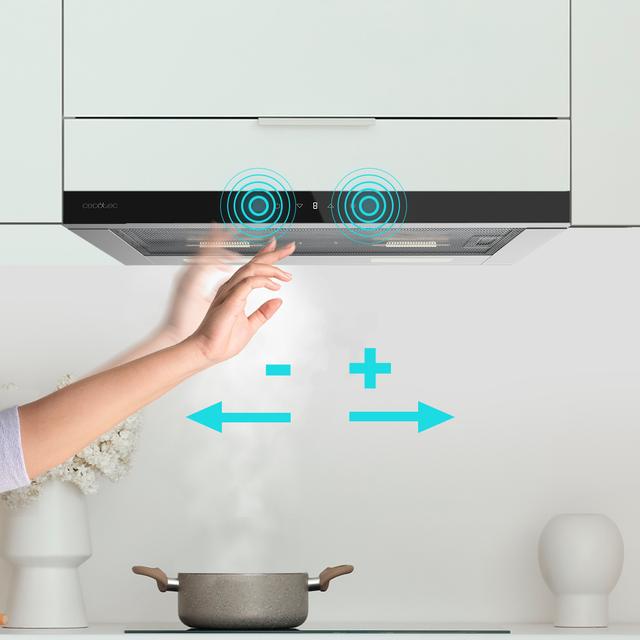 Bolero Flux TLT 704400 Glass Black A+++ Cecotec Campana Extractora Telescópica de 70cm, con 431,2m³/h de succión, Clase A+++, Control Táctil Invisible, Cristal Frontal en Negro, Cuerpo en Acero Inox, Motor DC,  Hand Movement Control, Función Booster, Filtros Lavables, Opción de filtros de carbono incluídos para recirculación.