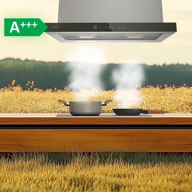 Bolero Flux TLT 704400 Glass Black A+++ Cecotec Campana Extractora Telescópica de 70cm, con 431,2m³/h de succión, Clase A+++, Control Táctil Invisible, Cristal Frontal en Negro, Cuerpo en Acero Inox, Motor DC,  Hand Movement Control, Función Booster, Filtros Lavables, Opción de filtros de carbono incluídos para recirculación.