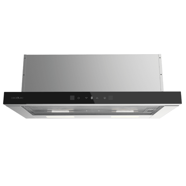Bolero Flux TLT 704400 Glass Black A+++ Cecotec Campana Extractora Telescópica de 70cm, con 431,2m³/h de succión, Clase A+++, Control Táctil Invisible, Cristal Frontal en Negro, Cuerpo en Acero Inox, Motor DC,  Hand Movement Control, Función Booster, Filtros Lavables, Opción de filtros de carbono incluídos para recirculación.