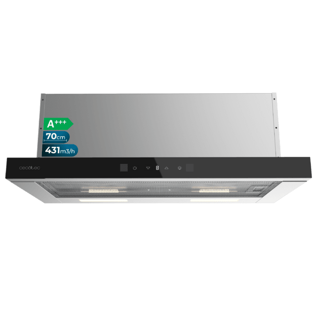 Bolero Flux TLT 704400 Glass Black A+++ Cecotec Campana Extractora Telescópica de 70cm, con 431,2m³/h de succión, Clase A+++, Control Táctil Invisible, Cristal Frontal en Negro, Cuerpo en Acero Inox, Motor DC,  Hand Movement Control, Función Booster, Filtros Lavables, Opción de filtros de carbono incluídos para recirculación.